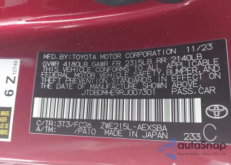 2024 Toyota Corolla Hybrid Se from USA, damaged, VIN JTDBDMHE9RJ007301